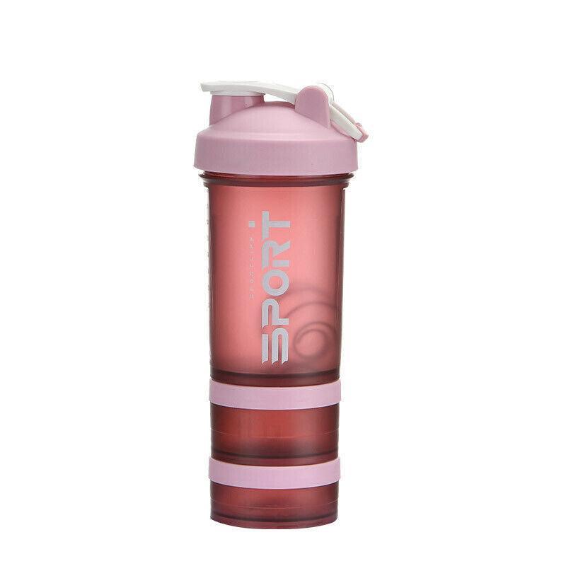 Powder Milkshake Drink Cup Sport Water Bottle 500Ml 3 Tier Protein Shaker Pill - Pink