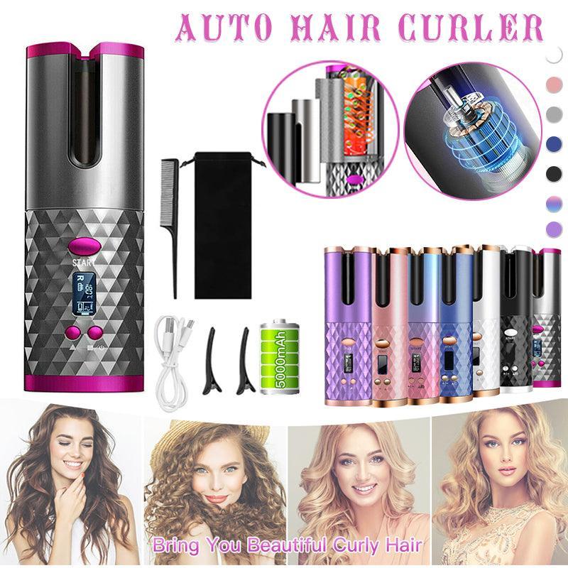 Lcd Cordless Auto Rotating Hair Curler Hair Waver Curling Iron Wireless Ceramic - Grey
