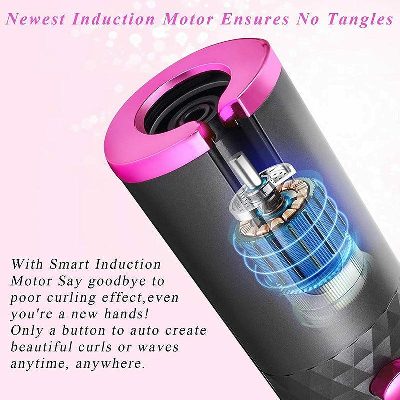 Lcd Cordless Auto Rotating Hair Curler Hair Waver Curling Iron Wireless Ceramic - Pink