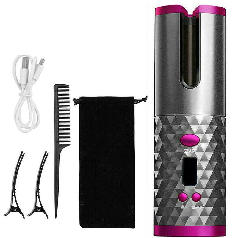 Lcd Cordless Auto Rotating Hair Curler Hair Waver Curling Iron Wireless Ceramic - Pink