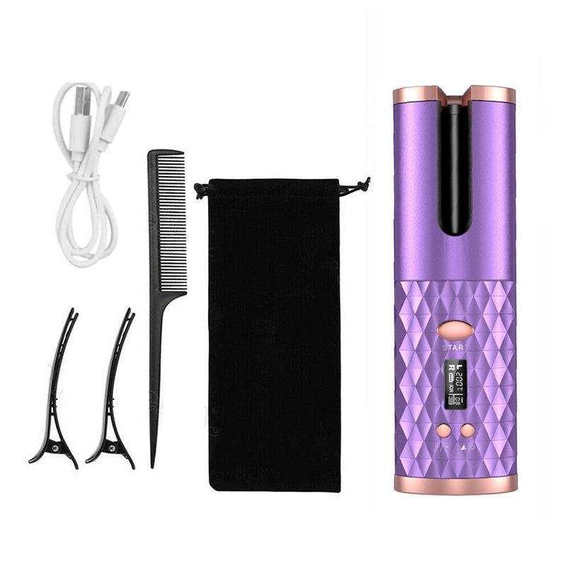 Lcd Cordless Auto Rotating Hair Curler Hair Waver Curling Iron Wireless Ceramic - Pink