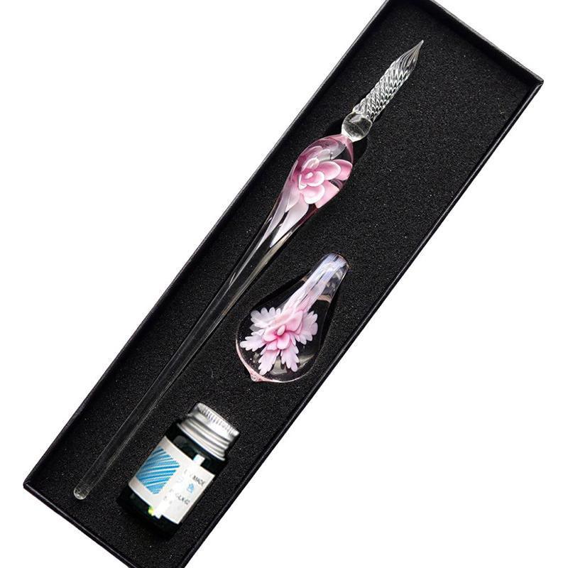 Crystal Flower Glass Dipping Dip Pen Writing Set Gift Pack Fountain Calligraphy - Orange