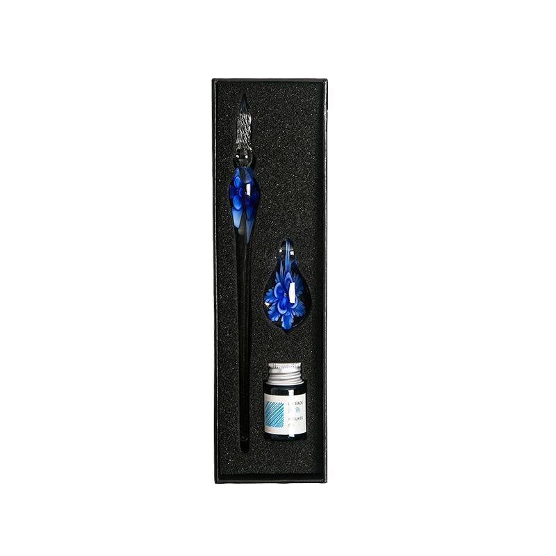 Crystal Flower Glass Dipping Dip Pen Writing Set Gift Pack Fountain Calligraphy - Sky Blue