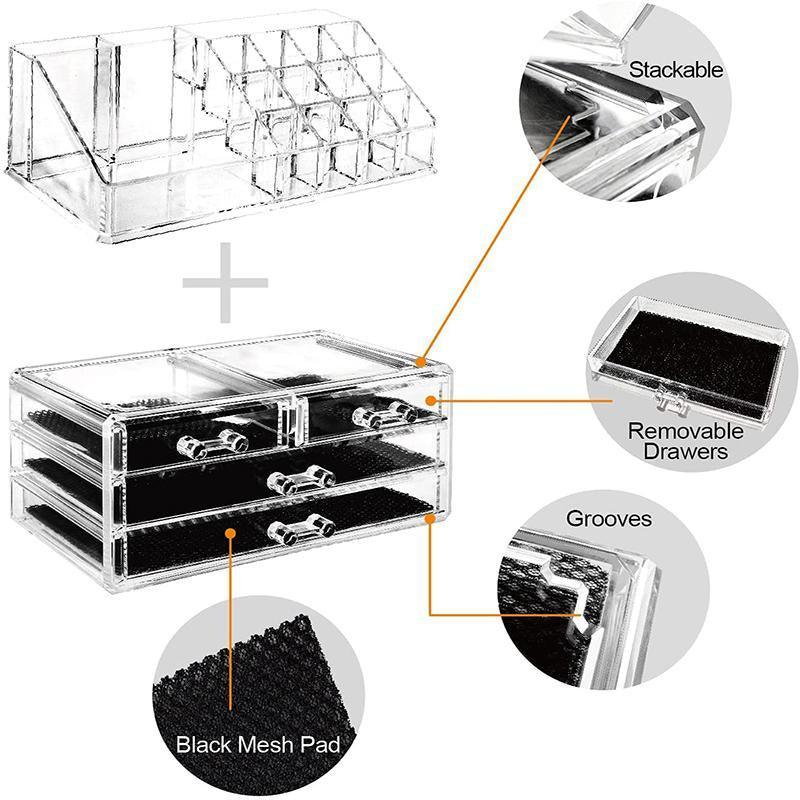 Holder Cosmetic Makeup Organiser 4 Drawer Storage Jewellery Box Clear Acrylic - Without Black Mesh Pad