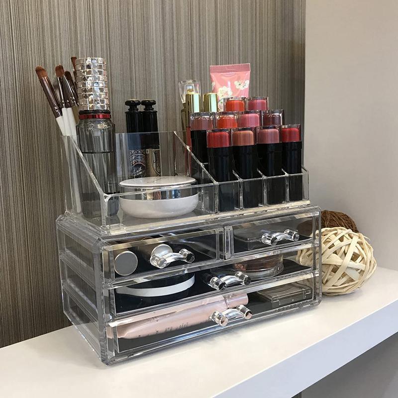 Holder Cosmetic Makeup Organiser 4 Drawer Storage Jewellery Box Clear Acrylic - Without Black Mesh Pad