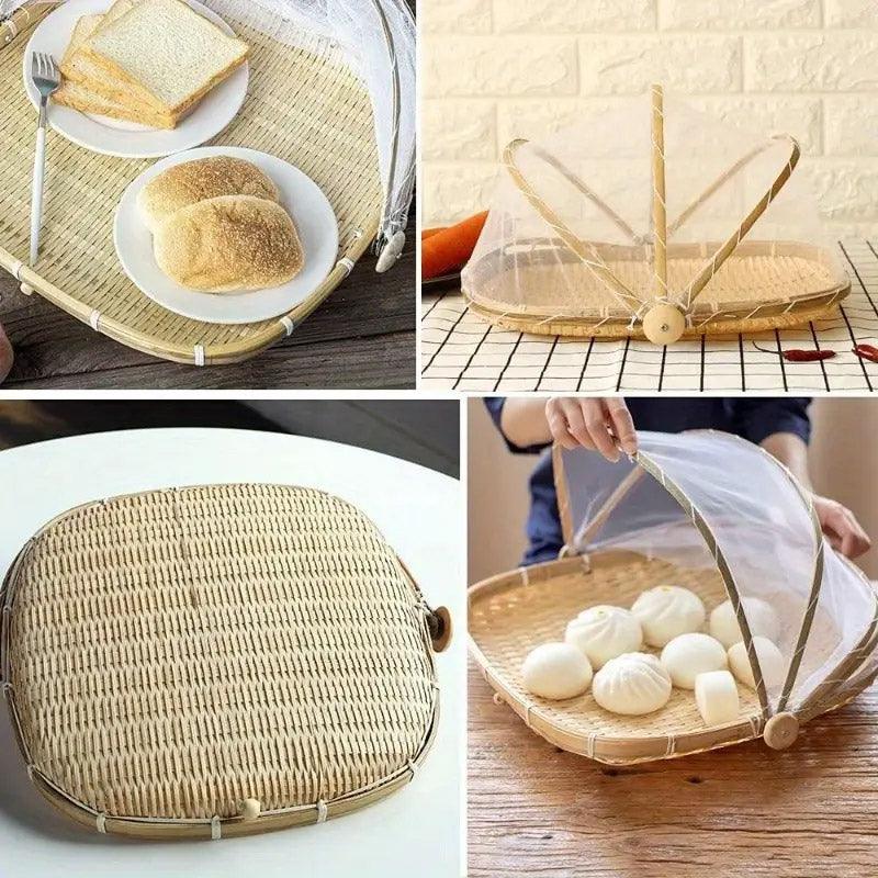 Bamboo Baskets Tray Anti Bug Food Fruit Storage Container with Mesh Cover