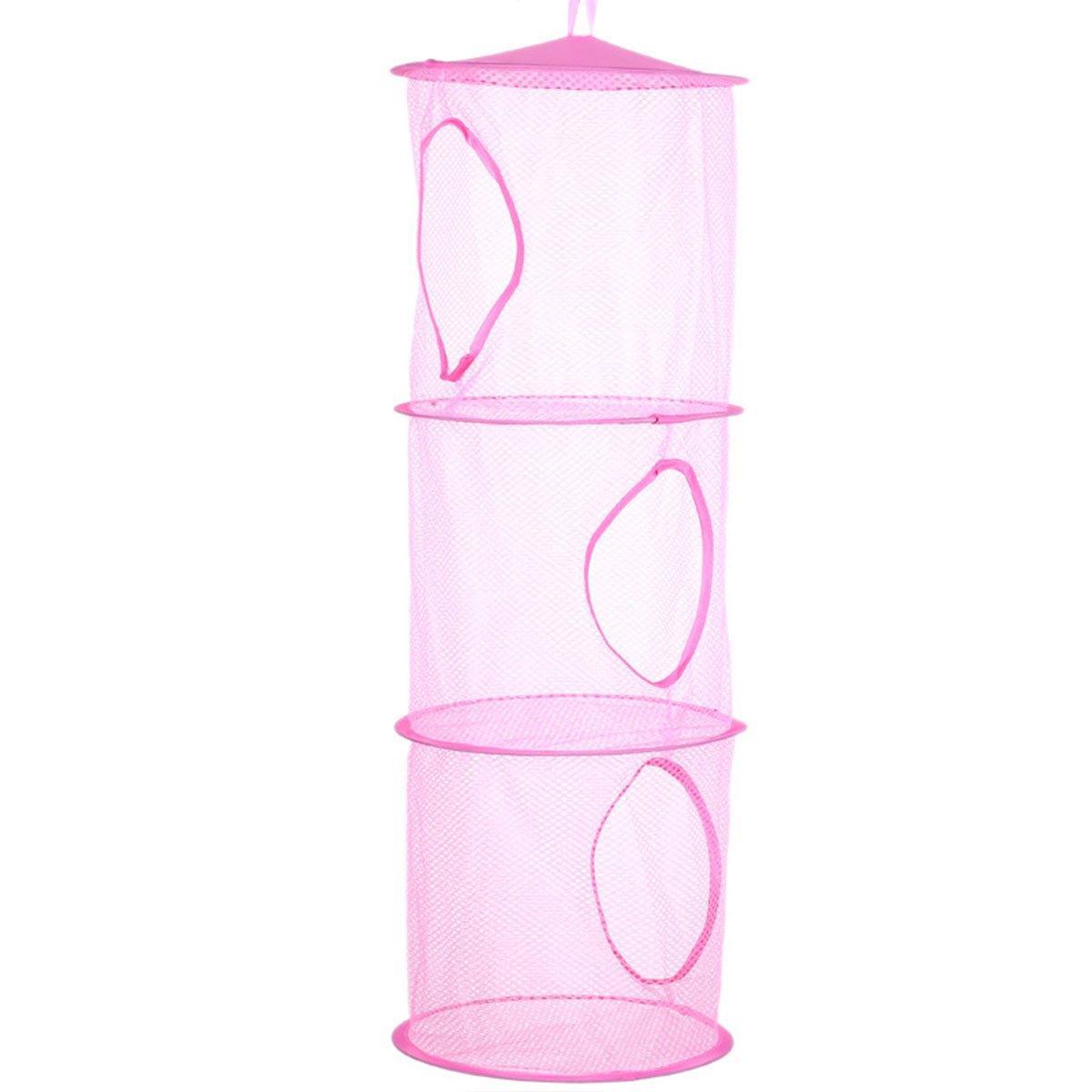 Foldable Clothes Drying Basket Three-layer Hanging Storage Breathable Organizer - Pink