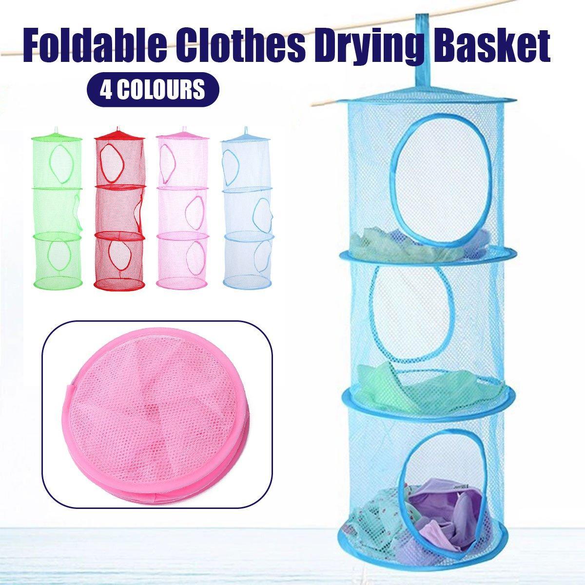 Foldable Clothes Drying Basket Three-layer Hanging Storage Breathable Organizer - Red