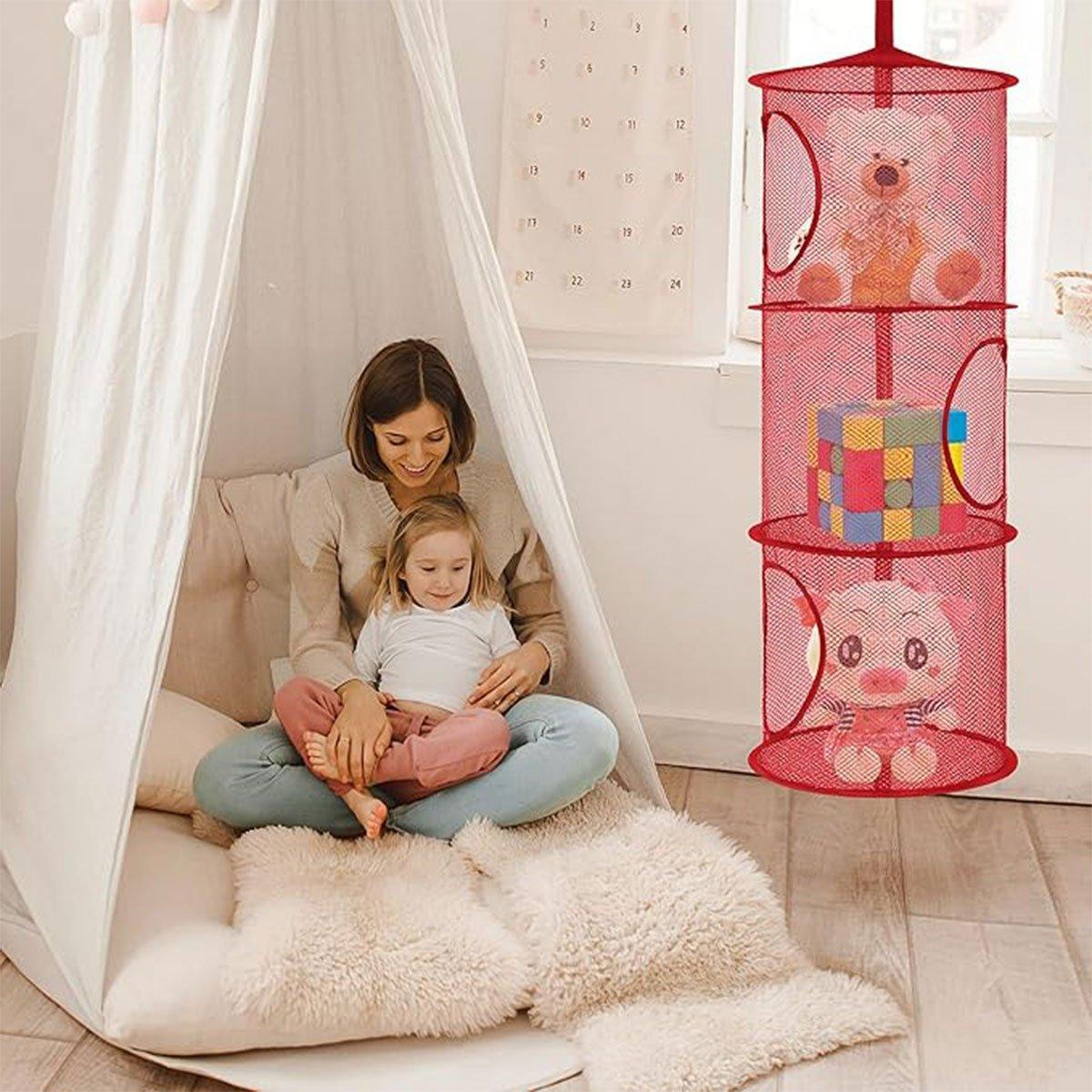 Foldable Clothes Drying Basket Three-layer Hanging Storage Breathable Organizer - Red