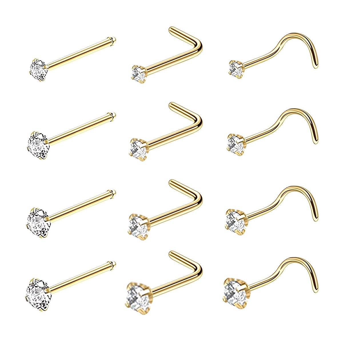 Stainless Steel Nosepiece with Gold Nose Stud Stylish Piercing Jewellery Women - S-Shaped Rod-2.5mm