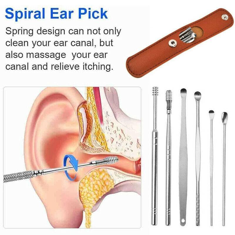 6Pcs Stainless Steel Ear Pick Curette Wax Cleaner Earpick Remover Earwax Removal - Pink