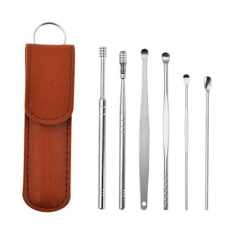 6Pcs Stainless Steel Ear Pick Curette Wax Cleaner Earpick Remover Earwax Removal - Pink