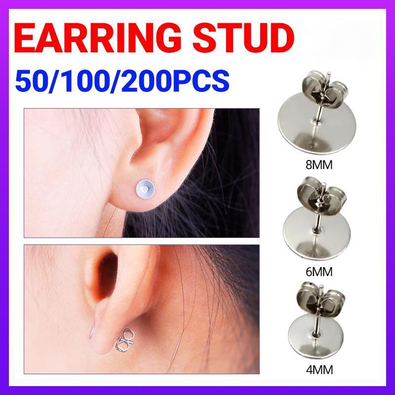 50/100/200PCS Earring Stud Posts Pads+Nut Backs Silvery Surgical Steel DIY Craft 8MM - 50PCS (50xpads&50xbacks)