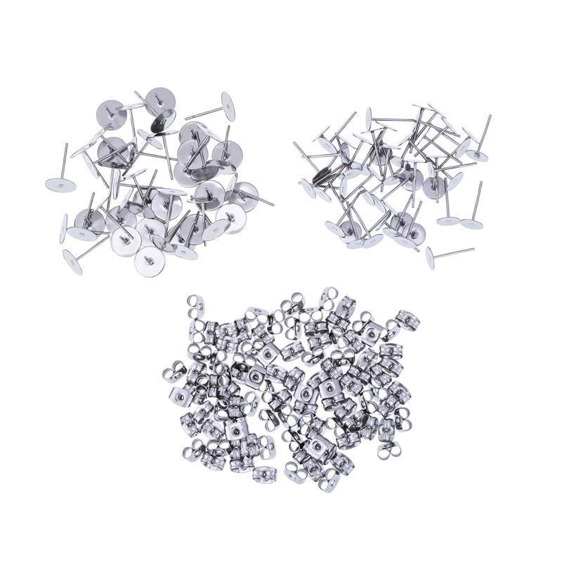 50/100/200PCS Earring Stud Posts Pads+Nut Backs Silvery Surgical Steel DIY Craft 8MM - 50PCS (50xpads&50xbacks)