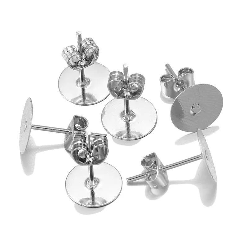50/100/200PCS Earring Stud Posts Pads+Nut Backs Silvery Surgical Steel DIY Craft 8MM - 50PCS (50xpads&50xbacks)
