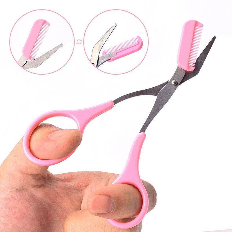 Eyebrow Scissors with Comb Stainless Steel Makeup Trimmer Beauty Tool 3 Colours - Pink (Eyebrow Razor + Scissor)