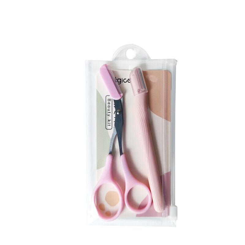 Eyebrow Scissors with Comb Stainless Steel Makeup Trimmer Beauty Tool 3 Colours - Pink