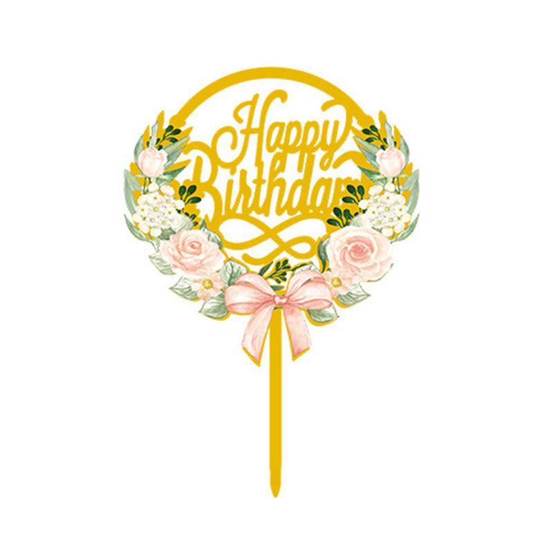 Happy Birthday Anniversary Wedding Cake Flowers Topper Acrylic Party Decorations - NO.01