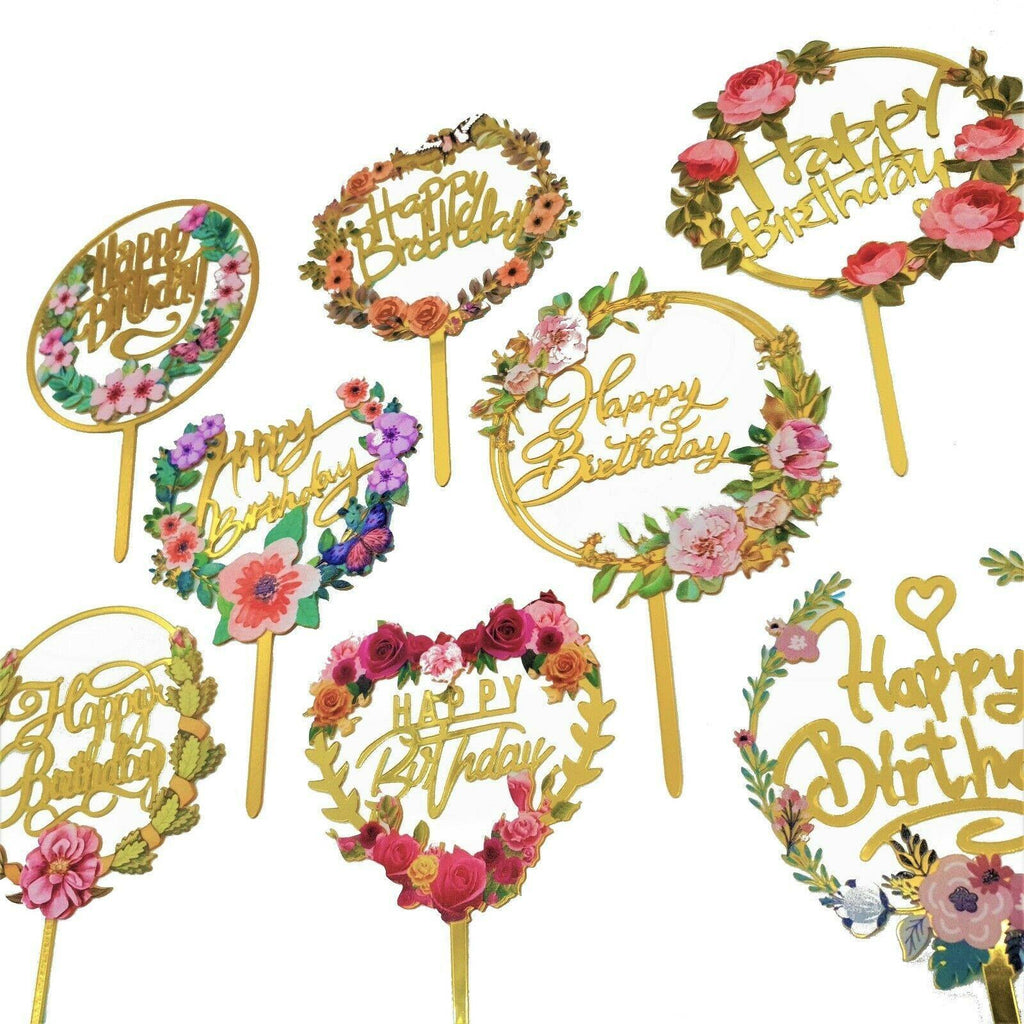 Happy Birthday Anniversary Wedding Cake Flowers Topper Acrylic Party Decorations - NO.10
