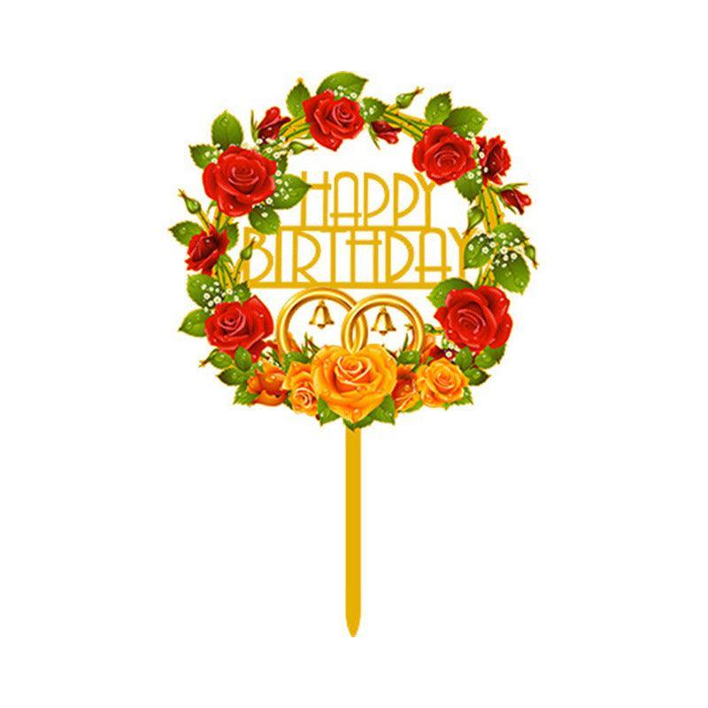 Happy Birthday Anniversary Wedding Cake Flowers Topper Acrylic Party Decorations - NO.14
