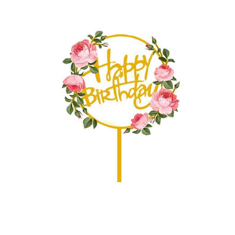 Happy Birthday Anniversary Wedding Cake Flowers Topper Acrylic Party Decorations - NO.02