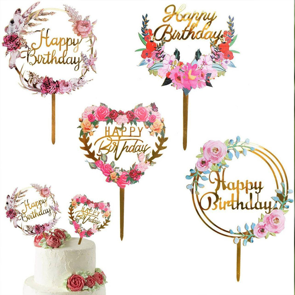 Happy Birthday Anniversary Wedding Cake Flowers Topper Acrylic Party Decorations - NO.05