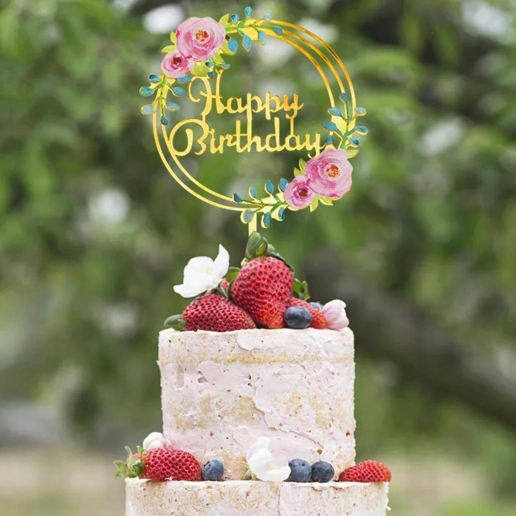 Happy Birthday Anniversary Wedding Cake Flowers Topper Acrylic Party Decorations - NO.06