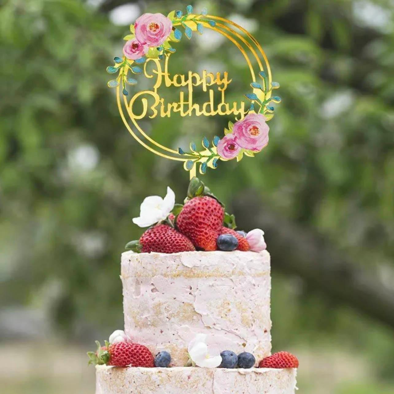 Happy Birthday Anniversary Wedding Cake Flowers Topper Acrylic Party Decorations - NO.06