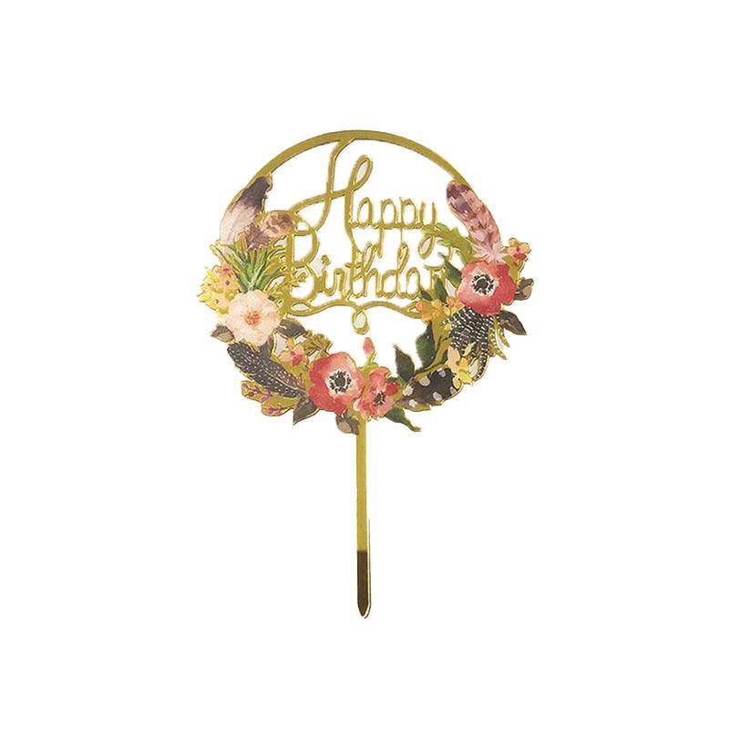 Happy Birthday Anniversary Wedding Cake Flowers Topper Acrylic Party Decorations - NO.09