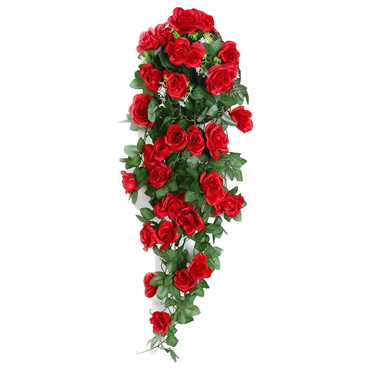 2PCS Artificial Rose Flower Garland Hanging Vine Home Wall Decor Fake Rattan - White