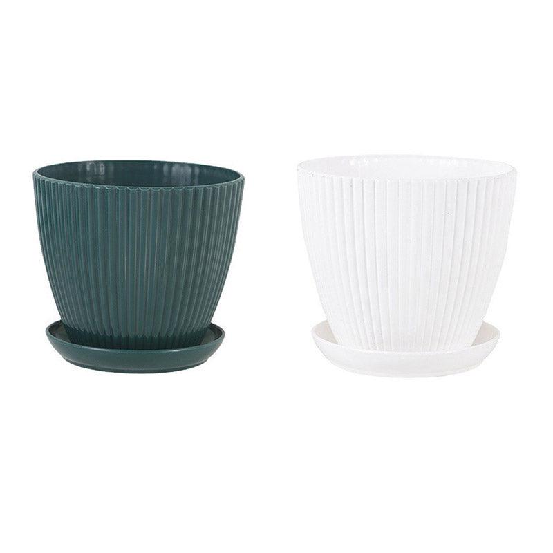 6PCS Simple Plastic Round Plant Pots Vertical Stripes Flower Pot Green Gardening - Green