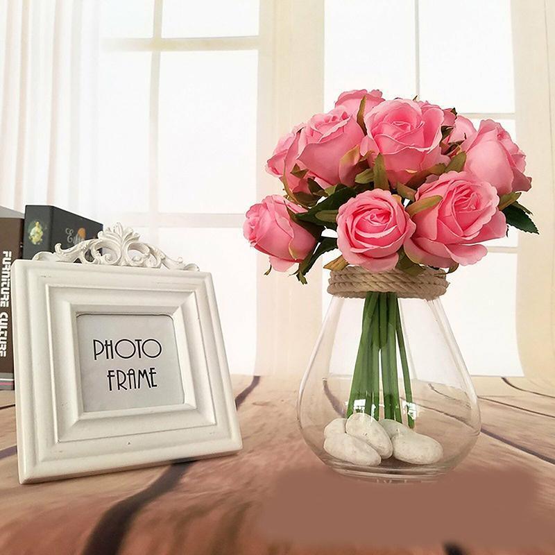 12 Heads Silk Rose Artificial Flowers Fake Bouquet - White+blue