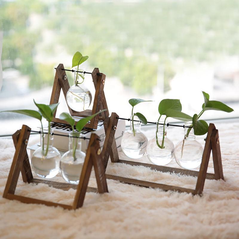Wood Stand Glass Vase Terrarium Hydroponic Hanging Planter Home Decor - L With 3 Bottles