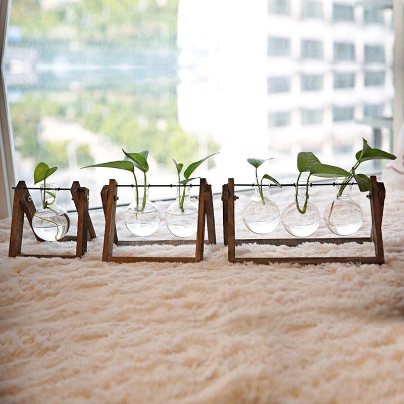 Wood Stand Glass Vase Terrarium Hydroponic Hanging Planter Home Decor - L With 3 Bottles