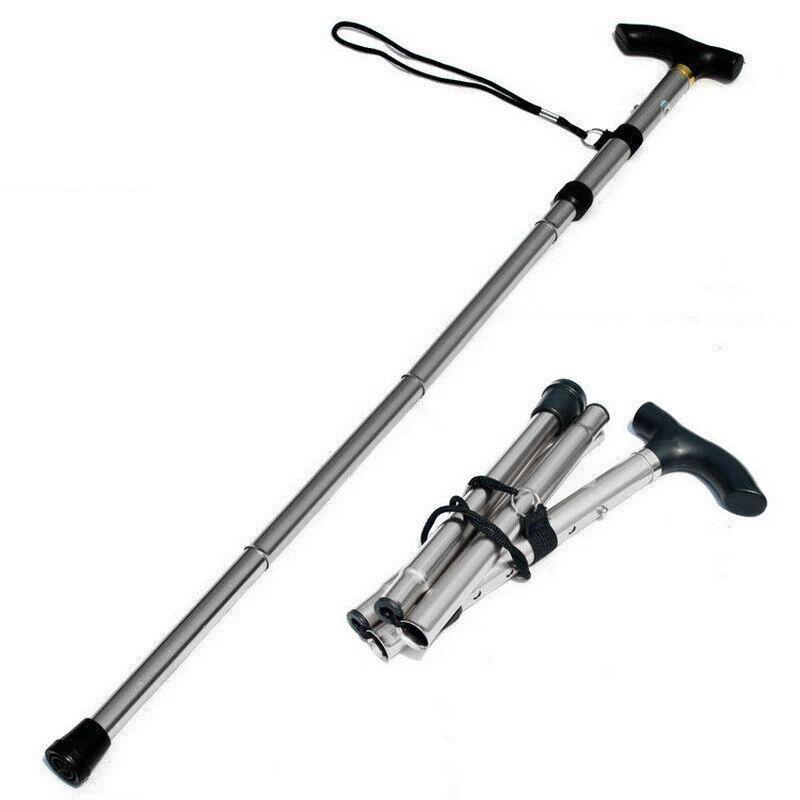 Folding Walking Stick Travel Cane Adjustable Height 82 to 92cm Aluminium Anti Slip - Silver
