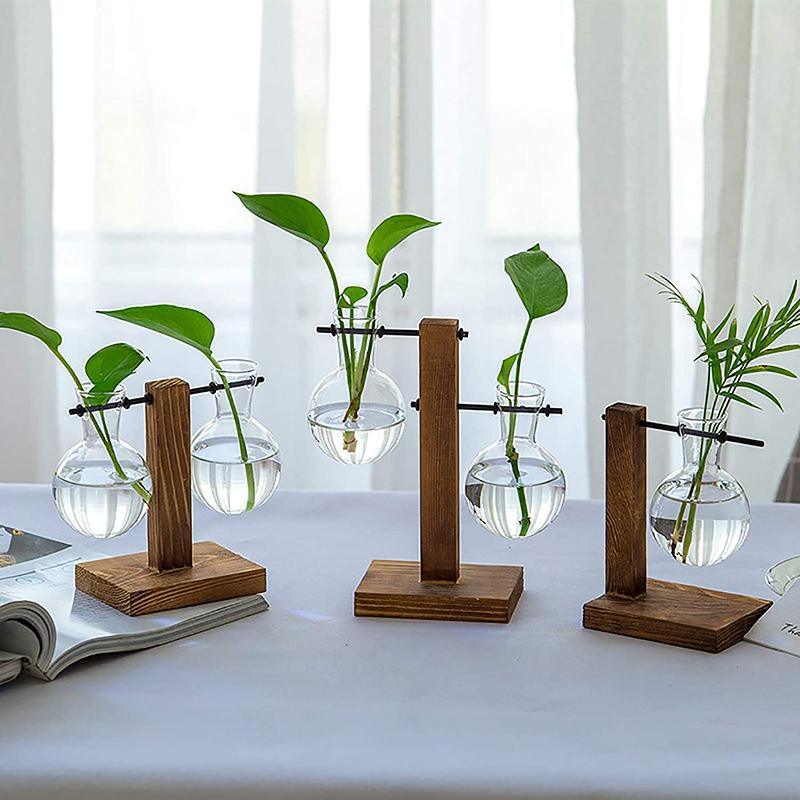Wooden Stand Glass Flower Vase Hydroponic Hanging Plant Terrarium Container - B