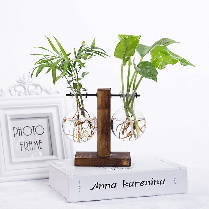 Wooden Stand Glass Flower Vase Hydroponic Hanging Plant Terrarium Container - B