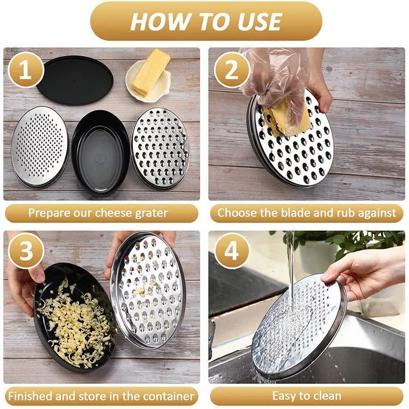 Stainless Steel Kitchen Cheese Grater with Container Storing Fruits Cheese Box - Black