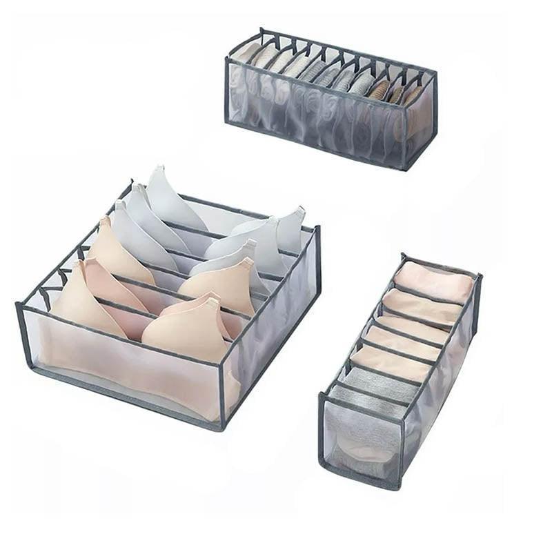 Foldable Drawer Organizer Divider Bra Sock Underwear Storage Closet Wardrobe - Grey Set of 3 Different Sizes