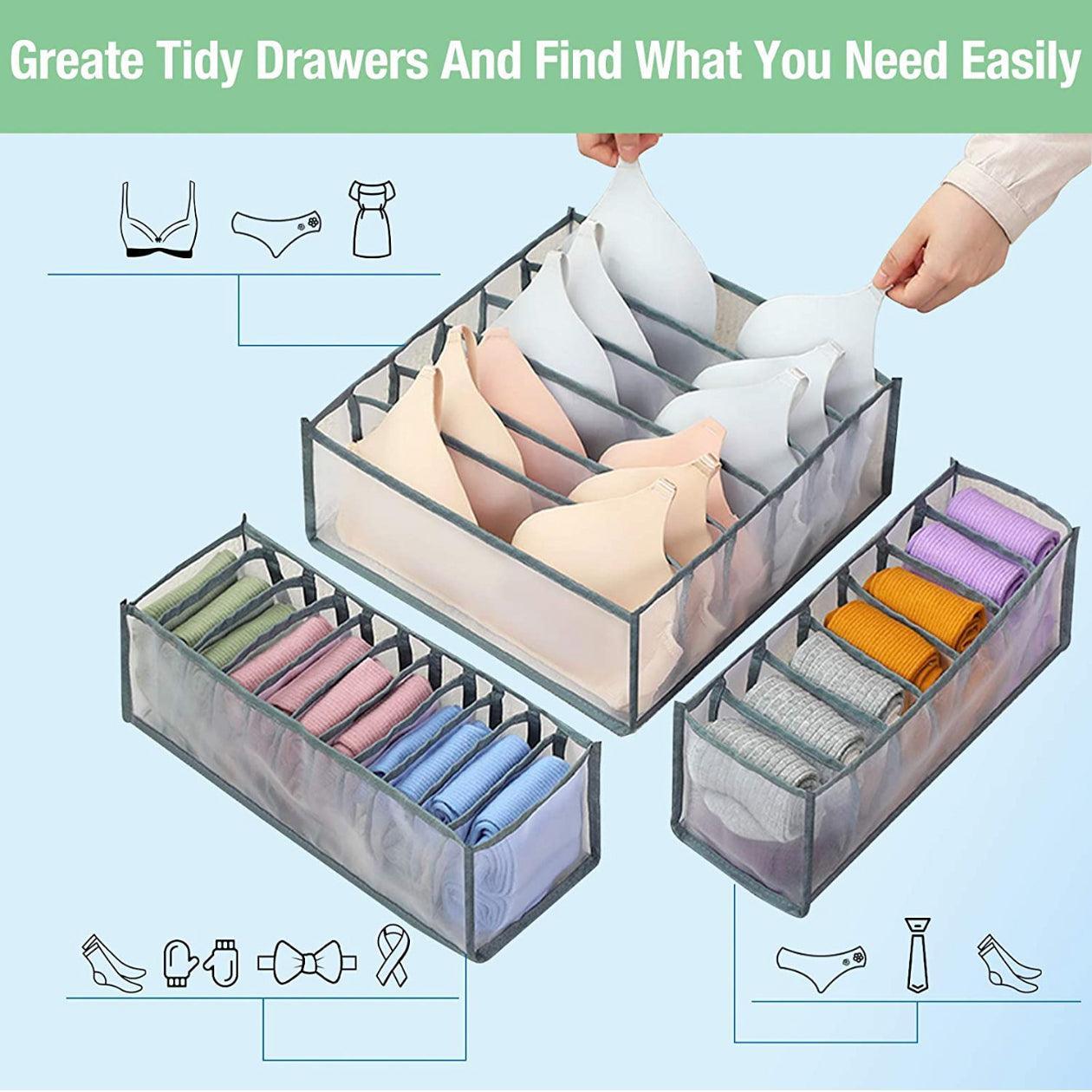Foldable Drawer Organizer Divider Bra Sock Underwear Storage Closet Wardrobe - Grey with 7 Boxes