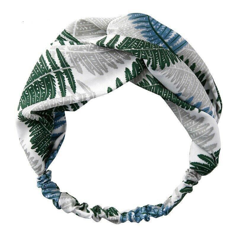 Women Chiffon Floral Print Headband Fashion Bohemian Elastic Cross Hair Bands - A-Green