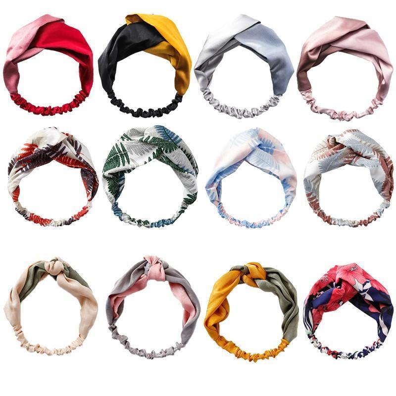 Women Chiffon Floral Print Headband Fashion Bohemian Elastic Cross Hair Bands - Pink