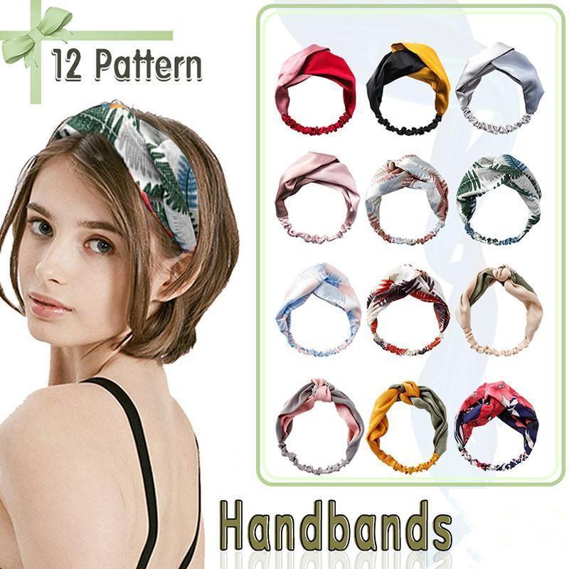 Women Chiffon Floral Print Headband Fashion Bohemian Elastic Cross Hair Bands - D-Brown