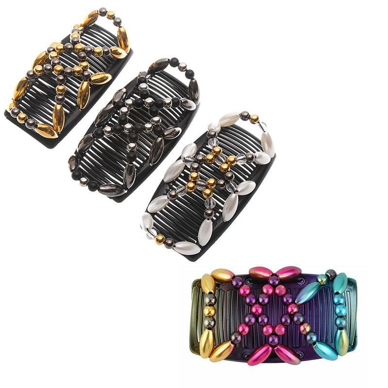 Beaded Stretchy Easy Magic Hair Comb Elastic Double Hair Clip Hair Accessories - Gold