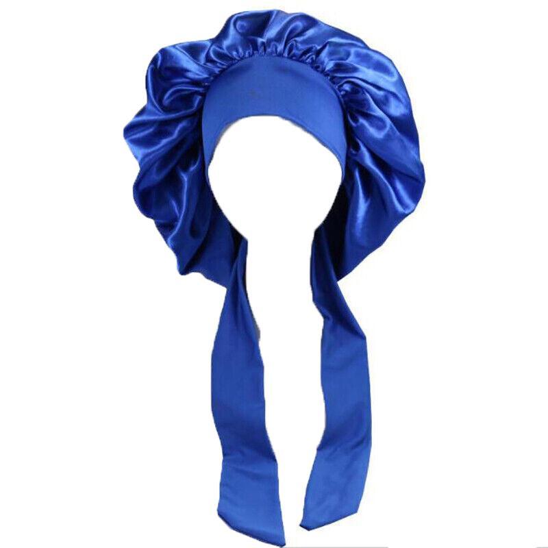 Sleeping Bonnet Hair Wrap Silk Satin Cap Women Elastic Night Hat Soft Headwear - Blue