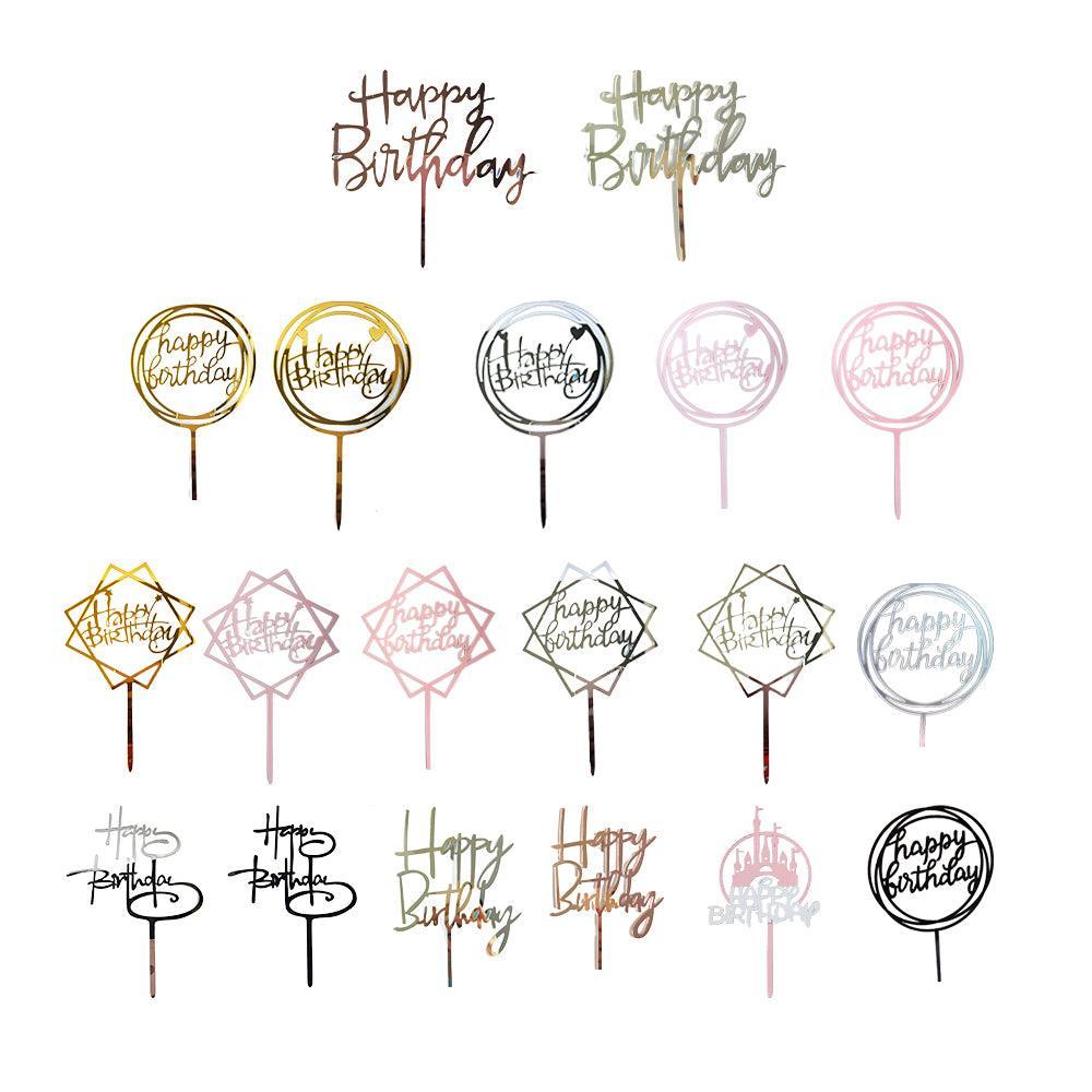 Acrylic Home Happy Birthday Decor Baking Cake Topper Card Party Decor Supply - Silver S20