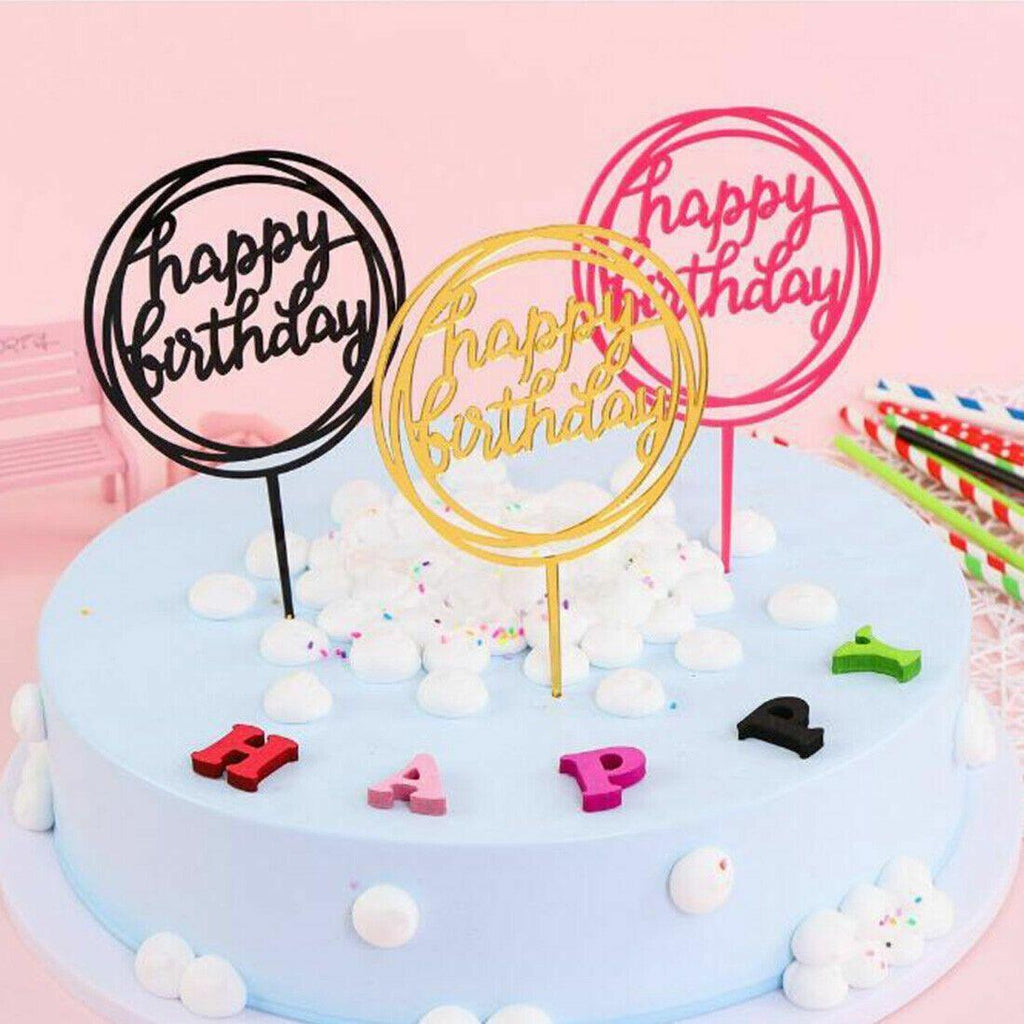 Acrylic Home Happy Birthday Decor Baking Cake Topper Card Party Decor Supply - Silver S20