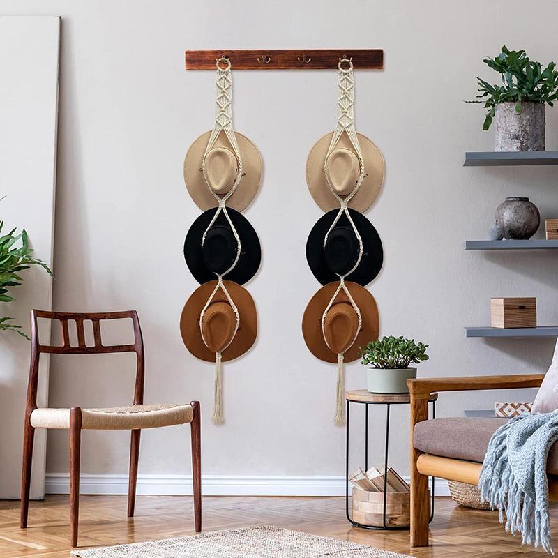 Boho Hand-Woven Macrame Hat Display Rack Hanging Cap Holder 1-3 Hat Rope hanger - D(2Hat Rope hanger)