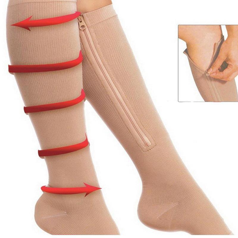 Zip Sox Compression Socks Zipper Leg Support Knee Open Toe Shaper Stockings Beige - L/XL