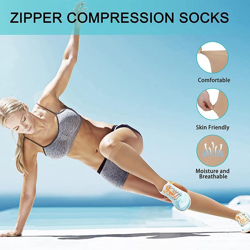 Zip Sox Compression Socks Zipper Leg Support Knee Open Toe Shaper Stockings Beige - L/XL